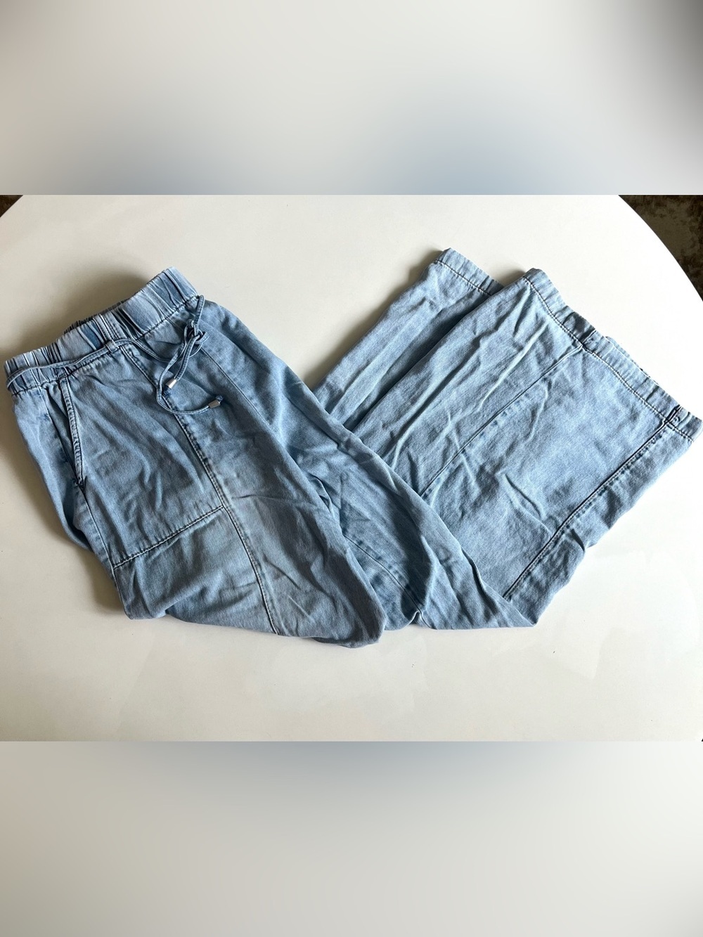 Linen Denim Light Blue Drawstring Pants, Wide Leg, KENSIE XL